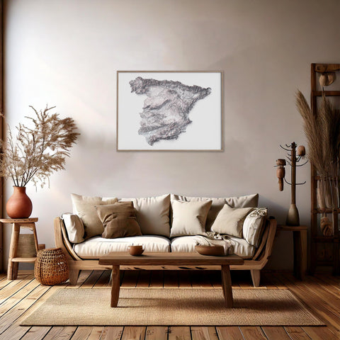 Spain continental, Elevation tint - White, 2D printed shaded relief map with 3D effect of Spain continental with monocrome white tint. Shop our beautiful fine art printed maps on supreme Cotton paper. Vintage maps digitally restored and enhanced with a 3D effect. VizCart from Vizart