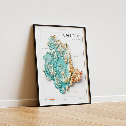Umbria (Italy) spectral shaded relief elevation map printed on fine art paper wall decor