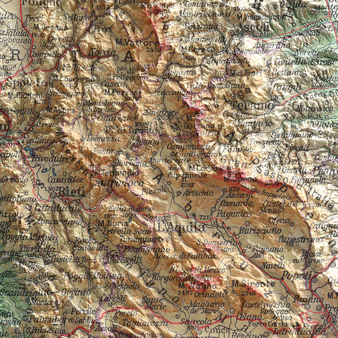 Abruzzo and Molise (Italy), Topographic map - 1928, 2D printed shaded relief map with 3D effect of a 1928 topographic map of Abruzzo and Molise (Italy). Shop our beautiful fine art printed maps on supreme Cotton paper. Vintage maps digitally restored and enhanced with a 3D effect. VizCart from Vizart