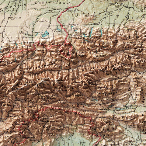 1900 Alps shaded relief map print with 3D effect fine art wall decor. VizCart from Vizart.