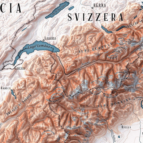 2025 Alps shaded relief map print with 3D effect fine art wall decor. VizCart from Vizart.