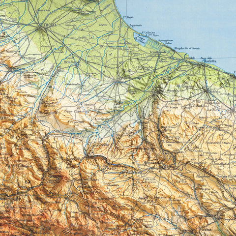 Apulia and Lucania (Italy), Topographic map - 1950, 2D printed shaded relief map with 3D effect of a 1950 topographic map of Apulia and Lucania (Italy). Shop our beautiful fine art printed maps on supreme Cotton paper. Vintage maps digitally restored and enhanced with a 3D effect. VizCart from Vizart