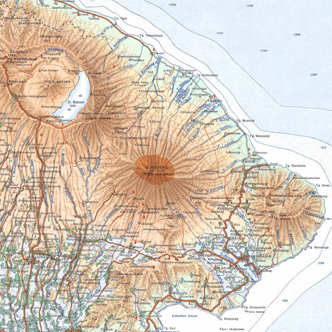 1935 Bali (Indonesia) restored vintage topographic map reprinted on fine art paper. VizCart from VizArt.