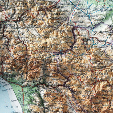 Basilicata (Italy), Topographic map - 1930, 2D printed shaded relief map with 3D effect of a 1930 topographic map of Basilicata (Italy). Shop our beautiful fine art printed maps on supreme Cotton paper. Vintage maps digitally restored and enhanced with a 3D effect. VizCart from Vizart