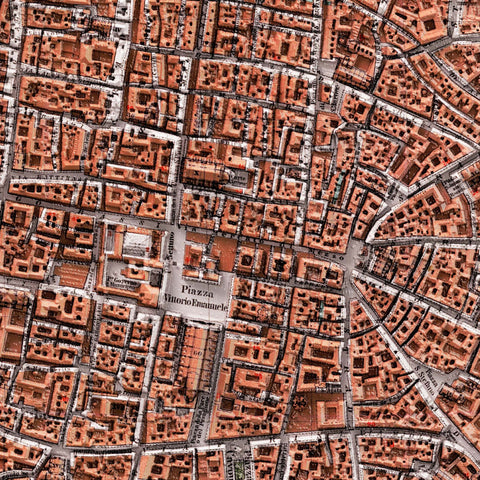 Bologna (Italy), City map - 1890, 2D printed shaded relief map with 3D effect of a 1890 city map of Bologna. Shop our beautiful fine art printed maps on supreme Cotton paper. Vintage maps digitally restored and enhanced with a 3D effect. VizCart from Vizart