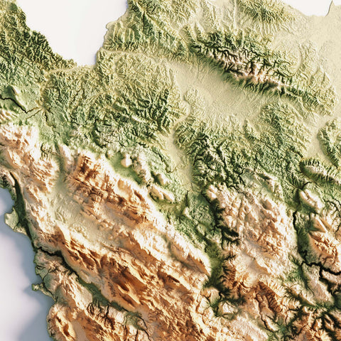 Bosnia and Herzegovina, Elevation tint - Geo, 2D printed shaded relief map with 3D effect of Abruzzo (Italy) with geo hypsometric tint. Shop our beautiful fine art printed maps on supreme Cotton paper. Vintage maps digitally restored and enhanced with a 3D effect. VizCart from Vizart