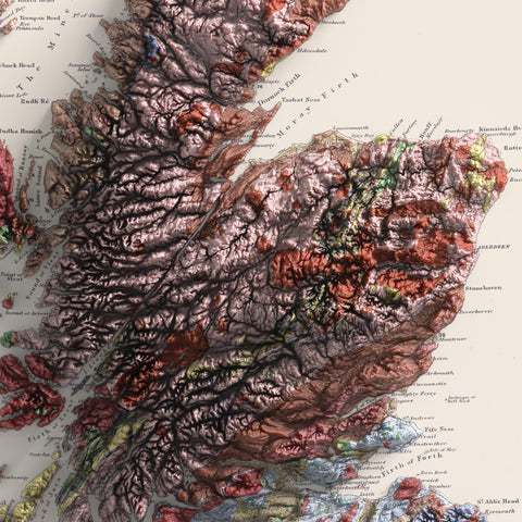 British-Irish Isles, Geological map - 1906, 2D printed shaded relief map with 3D effect of a 1906 geological map of Britain and Ireland (British-Irish Isles). Shop our beautiful fine art printed maps on supreme Cotton paper. Vintage maps digitally restored and enhanced with a 3D effect., VizCart from Vizart