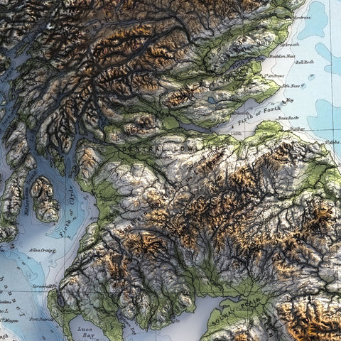 British-Irish Isles, Topographic map - 1920, 2D printed shaded relief map with 3D effect of a 1920 topographic map of Britain and Ireland (British-Irish Isles). Shop our beautiful fine art printed maps on supreme Cotton paper. Vintage maps digitally restored and enhanced with a 3D effect. VizCart from Vizart