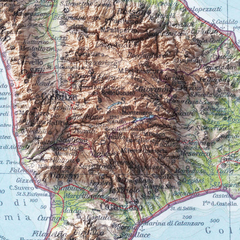 Calabria (Italy), Topographic map - 1930, 2D printed shaded relief map with 3D effect of a 1930 topographic map of Calabria (Italy). Shop our beautiful fine art printed maps on supreme Cotton paper. Vintage maps digitally restored and enhanced with a 3D effect. VizCart from Vizart