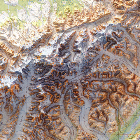 Denali National Park (Alaska, USA), Topographic map - 1986, 2D printed shaded relief map with 3D effect of a 1986 topographic map of Denali National Park (Alaska, USA). Shop our beautiful fine art printed maps on supreme Cotton paper. Vintage maps digitally restored and enhanced with a 3D effect. VizCart from Vizart