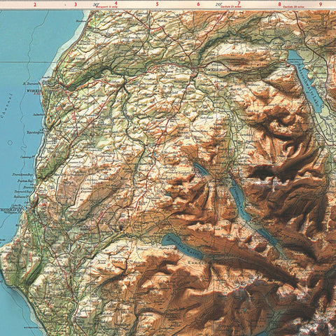English Lakes (England, UK), Topographic map - 1941, 2D printed shaded relief map with 3D effect of a 1941 topographic map of English Lakes (UK). Shop our beautiful fine art printed maps on supreme Cotton paper. Vintage maps digitally restored and enhanced with a 3D effect. VizCart from Vizart