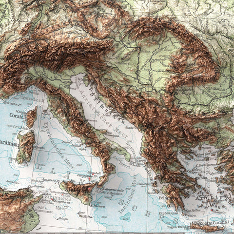 1899 Europe shaded relief topographic map print with 3D effect fine art wall decor. VizCart from Vizart.