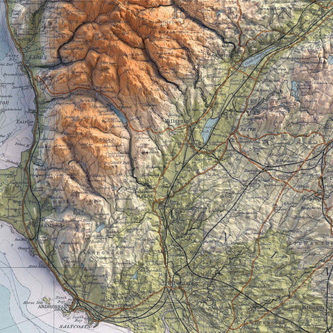 Glasgow (Scotland, UK), Topographic map - 1912, 2D printed shaded relief map with 3D effect of a 1912 topographic map of Glasgow (Scotland, UK). Shop our beautiful fine art printed maps on supreme Cotton paper. Vintage maps digitally restored and enhanced with a 3D effect. VizCart from Vizart