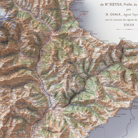 Hautes-Alpes (France) 1909 topographic restored antique shaded relief map print on fine art paper close-up