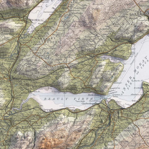 Inverness (Scotland, UK), Topographic map - 1912, 2D printed shaded relief map with 3D effect of a 1912 topographic map of Inverness (Scotland, UK). Shop our beautiful fine art printed maps on supreme Cotton paper. Vintage maps digitally restored and enhanced with a 3D effect. VizCart from Vizart