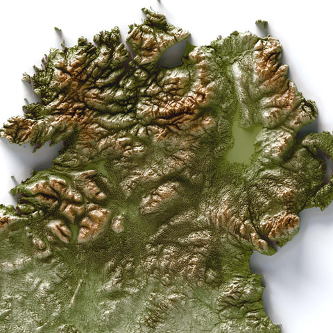 Ireland shaded relief elevation tint map (GEO) print with 3D effect fine art wall decor. VizCart from Vizart.