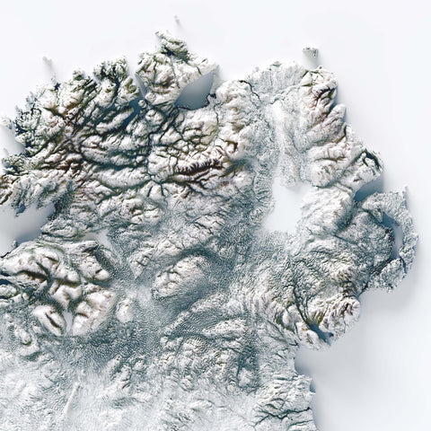 Ireland shaded relief elevation tint map (WHITE) print with 3D effect fine art wall decor. VizCart from Vizart.