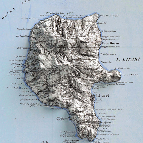 Lipari (Italy), Topographic map - 1873, 2D printed shaded relief map with 3D effect of a 1873 topographic map of Lipari (Italy). Shop our beautiful fine art printed maps on supreme Cotton paper. Vintage maps digitally restored and enhanced with a 3D effect. VizCart from Vizart