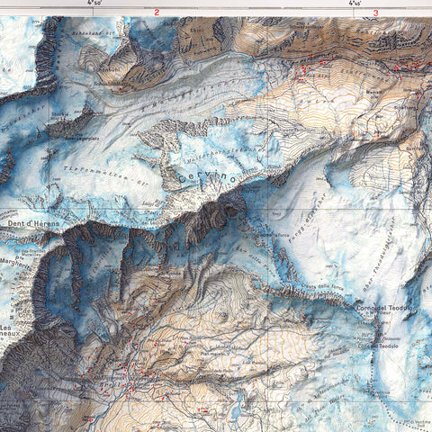 Matterhorn and Mt Rosa (Italy), Topographic map - 1928, 2D printed shaded relief map with 3D effect of a 1928 topographic map of Matterhorn and Mount Rosa. Shop our beautiful fine art printed maps on supreme Cotton paper. Vintage maps digitally restored and enhanced with a 3D effect. VizCart from Vizart