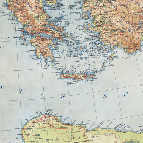 1937 Mediterranean Sea restored vintage topographic map reprinted on fine art paper. VizCart from VizArt.