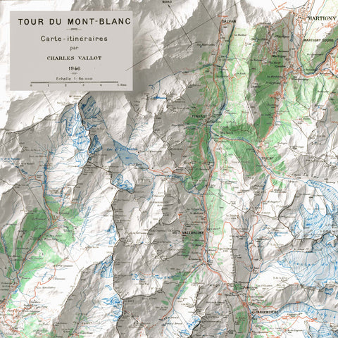 Mt Blanc (France, Italy, Switzerland), Topographic map - 1946, 2D printed shaded relief map with 3D effect of a 1946 topographic map of Mont Blanc. Shop our beautiful fine art printed maps on supreme Cotton paper. Vintage maps digitally restored and enhanced with a 3D effect. VizCart from Vizart