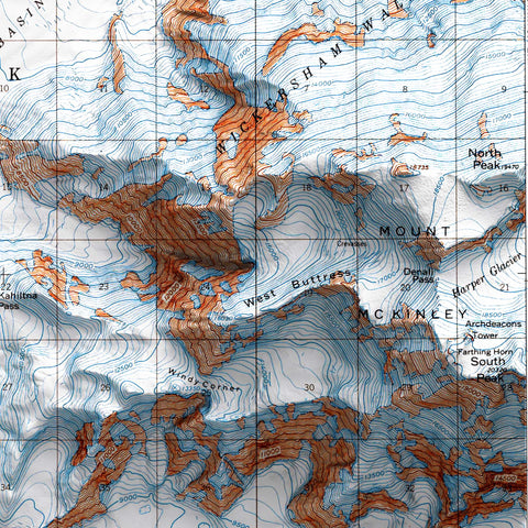 Mt Denali (Alaska, USA), Topographic map - 1964, 2D printed shaded relief map with 3D effect of a 1964 topographic map of Mt Denali (Alaska, USA). Shop our beautiful fine art printed maps on supreme Cotton paper. Vintage maps digitally restored and enhanced with a 3D effect. VizCart from Vizart