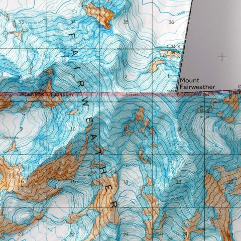 Mt Fairweather (Alaska, USA), Topographic map - 1966, 2D printed shaded relief map with 3D effect of a 1966 topographic map of Mt Fairweather (Alaska, USA). Shop our beautiful fine art printed maps on supreme Cotton paper. Vintage maps digitally restored and enhanced with a 3D effect. VizCart from Vizart