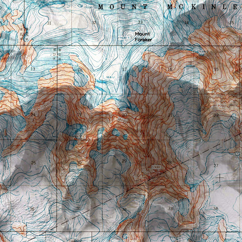 Mt Foraker (Alaska, USA), Topographic map - 1963, 2D printed shaded relief map with 3D effect of a 1963 topographic map of Mt Foraker (Alaska, USA). Shop our beautiful fine art printed maps on supreme Cotton paper. Vintage maps digitally restored and enhanced with a 3D effect. VizCart from Vizart