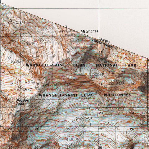 Mt Saint Elias (Alaska, USA), Topographic map - 1985, 2D printed shaded relief map with 3D effect of a 1985 topographic map of Mt Saint Elias (Alaska, USA). Shop our beautiful fine art printed maps on supreme Cotton paper. Vintage maps digitally restored and enhanced with a 3D effect. VizCart from Vizart