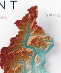 Piedmont (Italy) spectral shaded relief elevation map printed on fine art paper close-up