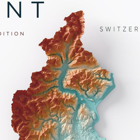 Piedmont (Italy) spectral shaded relief elevation map printed on fine art paper close-up