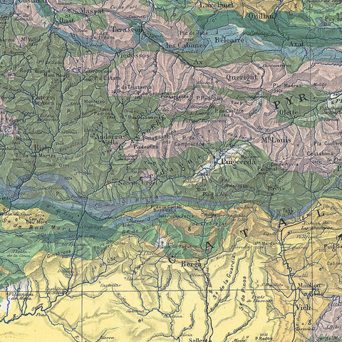 1891 Pyrenees (France, Spain) restored vintage geological map reprinted on fine art paper. Vizcart from Vizart