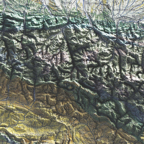 Pyrenees, Geological map - 1891, 2D printed shaded relief map with 3D effect of a 1891 geological map of Pyrenees (France, Spain). Shop our beautiful fine art printed maps on supreme Cotton paper. Vintage maps digitally restored and enhanced with a 3D effect, VizCart from Vizart