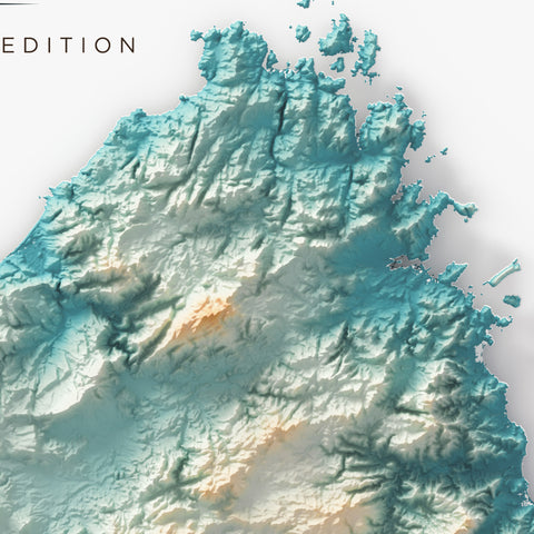 Sardinia (Italy) spectral shaded relief elevation map printed on fine art paper close-up