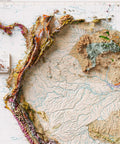 1950 South America shaded relief map print with 3D effect fine art wall decor. VizCart from Vizart.