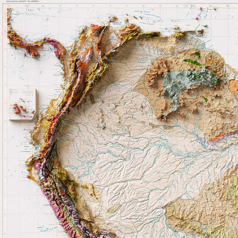 1950 South America shaded relief map print with 3D effect fine art wall decor. VizCart from Vizart.