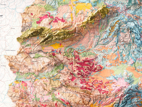 Spanish peninsula and Baleares (Spain), Soil map - 1966, 2D printed shaded relief map with 3D effect of a 1966 soil map of Spain peninsula and Baleares. Shop our beautiful fine art printed maps on supreme Cotton paper. Vintage maps digitally restored and enhanced with a 3D effect., VizCart from Vizart