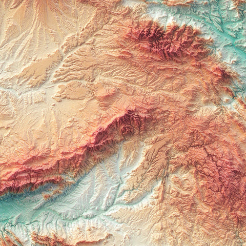 Spain continental, Elevation tint - Spectral, 2D printed shaded relief map with 3D effect of Spain continental with spectral tint. Shop our beautiful fine art printed maps on supreme Cotton paper. Vintage maps digitally restored and enhanced with a 3D effect. VizCart from Vizart