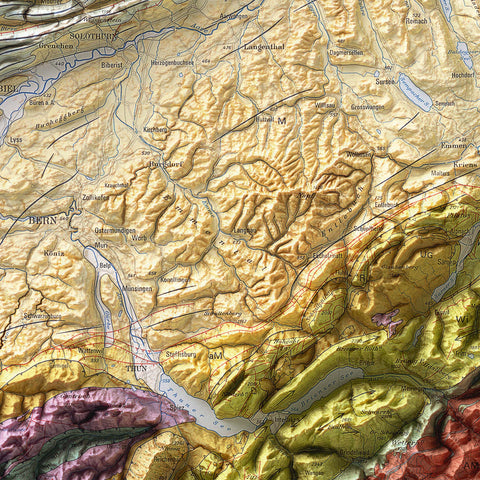 Switzerland, Geological map - 1972, 2D printed shaded relief map with 3D effect of a 1972 geological map of Switzerland. Shop our beautiful fine art printed maps on supreme Cotton paper. Vintage maps digitally restored and enhanced with a 3D effect. VizCart from Vizart