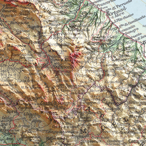 Abruzzo and Molise (Italy), Topographic map - 1928, 2D printed shaded relief map with 3D effect of a 1928 topographic map of Abruzzo and Molise (Italy). Shop our beautiful fine art printed maps on supreme Cotton paper. Vintage maps digitally restored and enhanced with a 3D effect. VizCart from Vizart