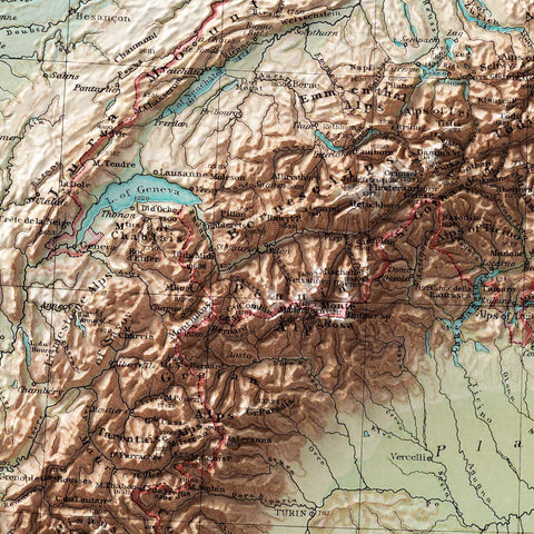 1900 Alps shaded relief map print with 3D effect fine art wall decor. VizCart from Vizart.
