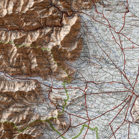 Aosta and Turin (Italy), Topographic map - 1930, 2D printed shaded relief map with 3D effect of a 1930 topographic map of Aosta and Turin (Italy). Shop our beautiful fine art printed maps on supreme Cotton paper. Vintage maps digitally restored and enhanced with a 3D effect. VizCart from Vizart