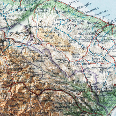 Basilicata (Italy), Topographic map - 1930, 2D printed shaded relief map with 3D effect of a 1930 topographic map of Basilicata (Italy). Shop our beautiful fine art printed maps on supreme Cotton paper. Vintage maps digitally restored and enhanced with a 3D effect. VizCart from Vizart