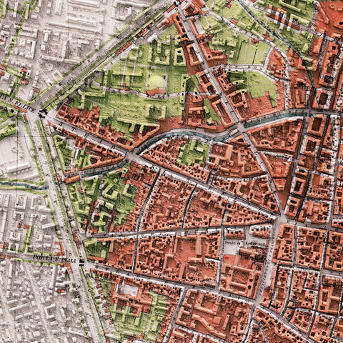 Bologna (Italy), City map - 1890, 2D printed shaded relief map with 3D effect of a 1890 city map of Bologna. Shop our beautiful fine art printed maps on supreme Cotton paper. Vintage maps digitally restored and enhanced with a 3D effect. VizCart from Vizart