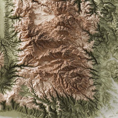 Calabria (Italy), Elevation tint - Geo, 2D printed shaded relief map with 3D effect of Calabria (Italy) with geo hypsometric tint. Shop our beautiful fine art printed maps on supreme Cotton paper. Vintage maps digitally restored and enhanced with a 3D effect. VizCart from Vizart