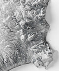 Calabria (Italy), Elevation tint - White, 2D printed shaded relief map with 3D effect of Calabria (Italy) with monochrome white tint. Shop our beautiful fine art printed maps on supreme Cotton paper. Vintage maps digitally restored and enhanced with a 3D effect. VizCart from Vizart