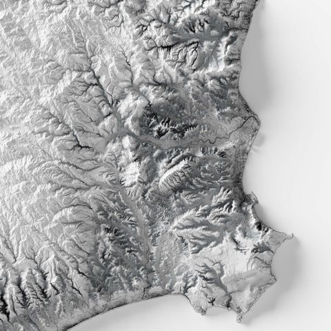 Calabria (Italy), Elevation tint - White, 2D printed shaded relief map with 3D effect of Calabria (Italy) with monochrome white tint. Shop our beautiful fine art printed maps on supreme Cotton paper. Vintage maps digitally restored and enhanced with a 3D effect. VizCart from Vizart