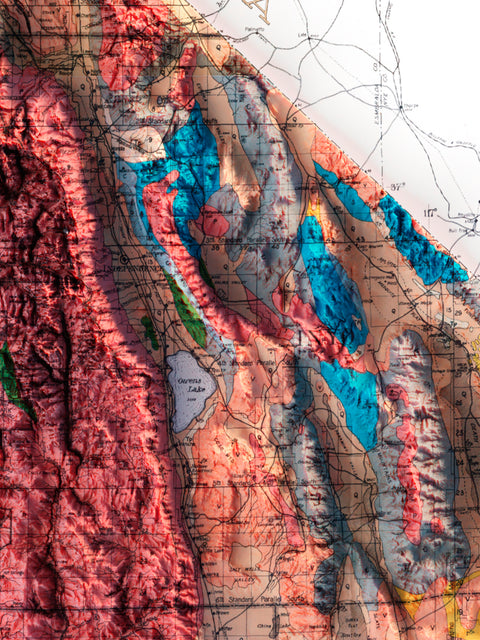 California (USA), Geological map - 1916, 2D printed shaded relief map with 3D effect of a 1916 geological map of California (USA). Shop our beautiful fine art printed maps on supreme Cotton paper. Vintage maps digitally restored and enhanced with a 3D effect., VizCart from Vizart