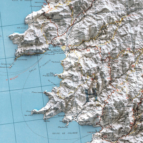1943 Corsica (France) shaded relief topographic map print with 3D effect fine art wall decor. VizCart from Vizart.