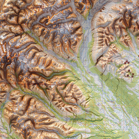 Denali National Park (Alaska, USA), Topographic map - 1986, 2D printed shaded relief map with 3D effect of a 1986 topographic map of Denali National Park (Alaska, USA). Shop our beautiful fine art printed maps on supreme Cotton paper. Vintage maps digitally restored and enhanced with a 3D effect. VizCart from Vizart